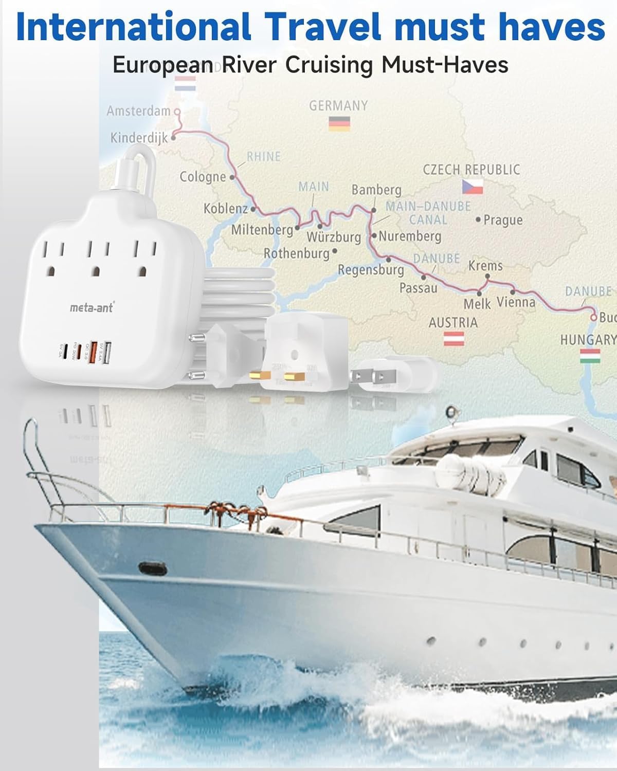 PD30W European Travel Plug Adapter, International Power Adapter with 3 Outlets 2 USB-C and 2 USB-A Fast Charger, Universal Travel Adapter with 3ft Extension Cord for EU US UK Europe France Spain - Image 6