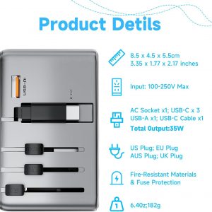 Minthouz Universal Travel Adapter, International 35W Power Adapter GaN Fast Charger with 3 USB-C PD & Cable & 1 USB-A Ports, All-in-One Portable AC Power Plug Adapter for USA EU UK AUS and More