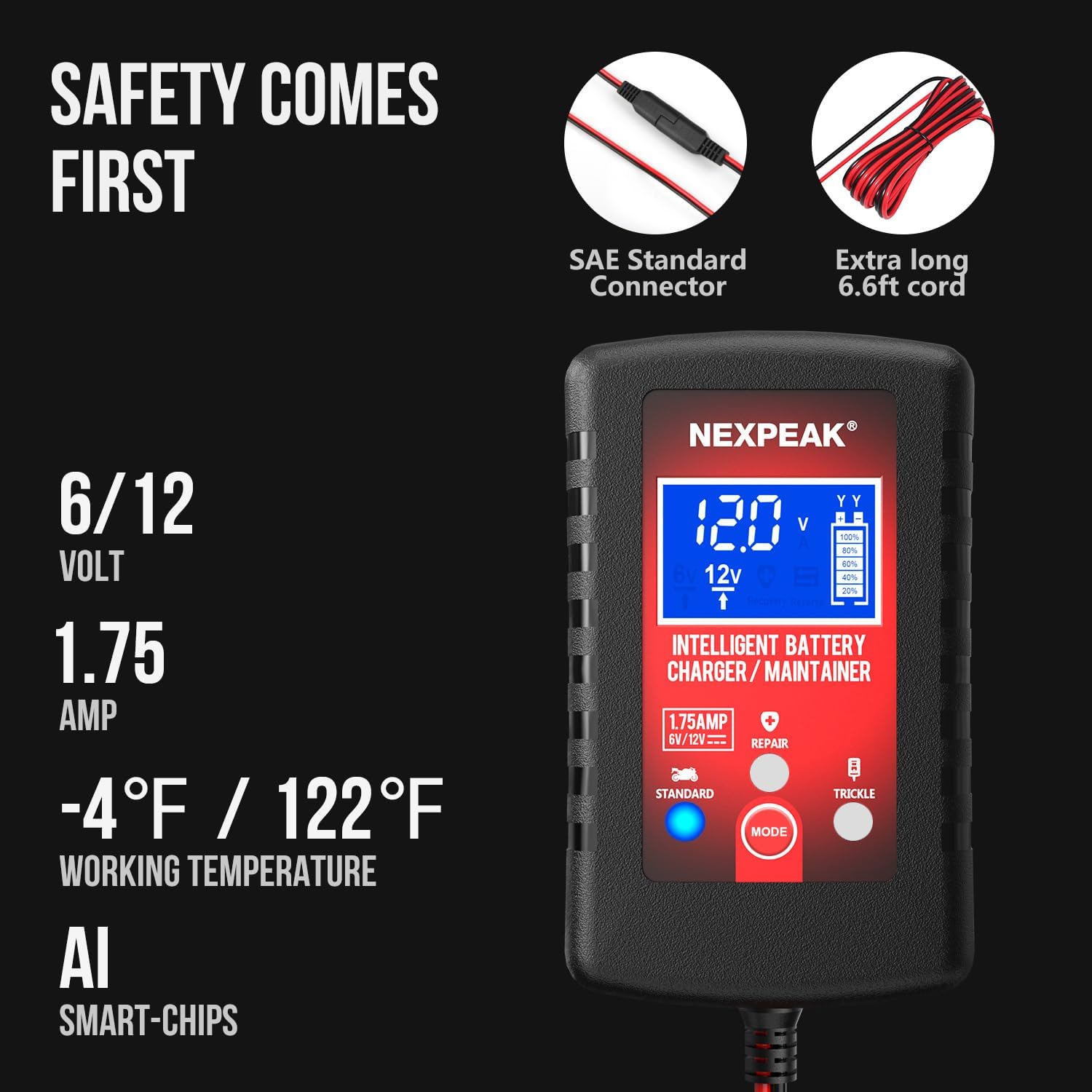 1.75-Amp Car Battery Charger, 6V and 12V Smart Fully Automatic Battery Charger Maintainer, Trickle Charger, Battery Desulfator for Car, Lawn Mower, Motorcycle, Boat, Marine Lead Acid Batteries - Image 5