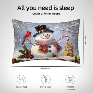 Satin Pillowcase with Zipper Queen Size Snowman Pillow Cover 20″x30″ Cardinal Winter Silk Pillow Case for Hair and Skin Cooling Pillowcase