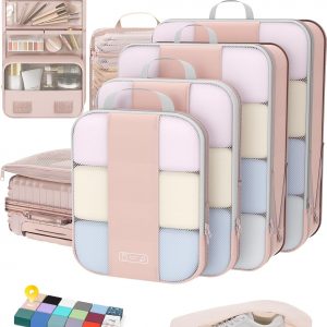8 Set Compression Packing Cubes for Travel Essentials,Compressible Expandable Packing Cubes for Suitcase,OlarHike Luggage Organizer Bags for Travel,Handy Helper for Organizing Clothes(Beige)