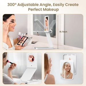 Travel Makeup Mirror with Lights, Foldable 1X Vanity Lighted Mirror with 10X Magnification, Rechargeable 1500mAh, Dimmable Touch Screen, Freely Adjust Height and Angle