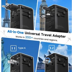 DOACE 70W Universal Travel Adapter, 6-in-1 International Plug with Built-in USB-C Cable, PD Fast Charging Worldwide Wall Charger for EU/UK/US/AU