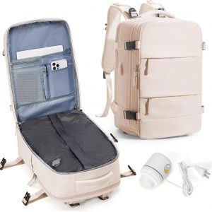 Vacuum Travel Backpack with Pump, Flight Approved Vacpack Backpacks for Women Men, Storage Vacuum Compression Bags with Shoe Compartment/15.6inch Laptop Compartment/USB Port, Pale Orange,Medium