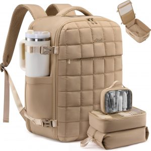 LOVEVOOK Large Travel Backpack for Women, TSA Carry on Backpacks for Airplanes, 40L Personal Item Travel Essentials Bag with 3 Packing Cubes, Waterproof Puffer Laptop Bag for Weekender Overnight Black