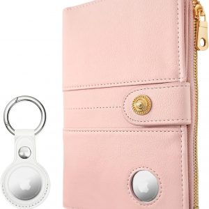 elzama Passport Holder with Airtag Slot for Travel Women, RFID Passport Wallet with Airtag Holder, Zipper Pocket Card Slots Pen Holder & Airtags Keychain (Air tag Not Included) Pink