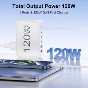 USB C Charger Block,120W GaN 6 Port Type C Fast Charging Station Hub,5FT Cord USB C Wall Charger Adapter Plug for iPad, iPhone 17, 16, 15, 14, 13, 12 Pro Max, Pixel, Galaxy and More