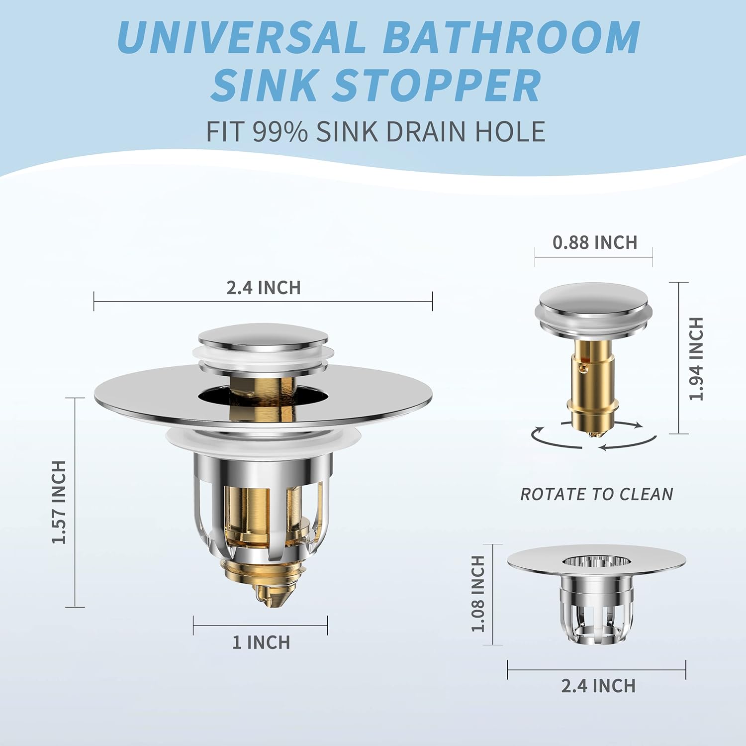 Universal 2 in 1 Bathroom Sink Stopper, Pop Up Bathroom Sink Drain Strainer with Anti-Clogging Filter Basket, Bathroom Drain Stopper Sink Plug for 1.06"-1.65" Basin Drain Holes - Image 3