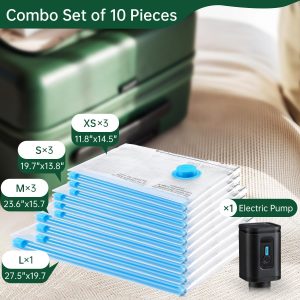 BRODI 10 Combo Pack Travel Vacuum Bags with Pump – Space Saver & Travel Essentials, Clothing & Luggage Vacuum Seal Bags