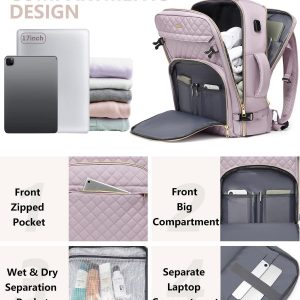 Carry On Women Travel Backpack: TSA Flight Approved Personal Item Backpacks Large 40L Waterproof Luggage Suitcase Backpack Fit 17 Inch Laptop Weekender Overnight Traveling Bag with USB Charge Nude