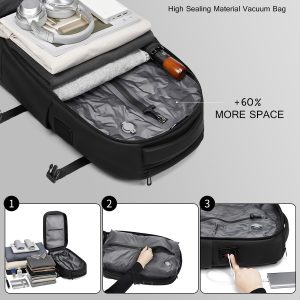 Vacuum Rolling Backpack with Vacuum System, Built-in Pump and Charging Port, Carry On Luggage with Vacuum Seal Bag, Wheels, Travel Suitcase with Vacuum Compression Bag for 17″ Laptop