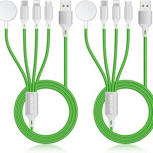 2Pack Multi Charging Cable for Apple Watch Charger 4 in 1 Travel Essentials RV Camping Essentials USB C/L/Micro Compatible with iWatch Series 11-1/iPhone 17/16/15/Android Airplane Gadgets-4FT/Green