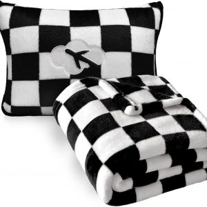 Travel Blanket and Pillow Compact, Premium Soft 2 in 1 Airplane Blanket with Soft Bag Pillowcase，Hand Luggage Sleeve and Backpack Clip (Checkered Black)