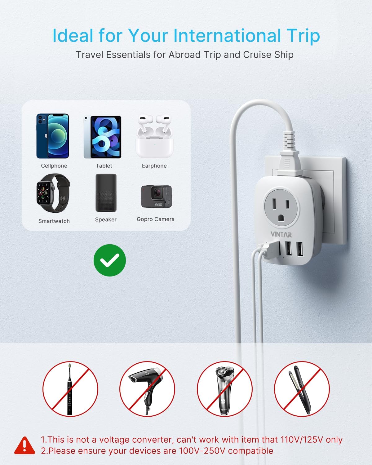 2 Pack European Travel Plug Adapter, VINTAR International Power Plug Adapter with 1 USB C, 2 American Outlets and 3 USB Ports, 6 in 1 Travel Essentials to Most of Europe Greece, Italy(Type C) - Image 6