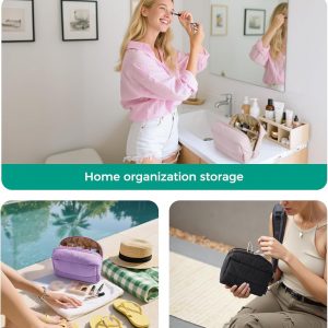 BAGSMART Travel Makeup Bag, Wide Opening Cosmetic Bag Compact & Spacious, Water-Resistant Travel Organizer Pouches for Women (Black)