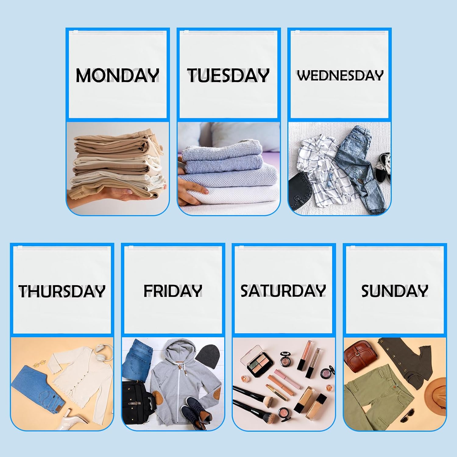 14Pcs Days of Week Packing Cubes Travel Organizer Pouches for Suitcases Lightweight Packing Travel Pouches for Vacations Home Storage and Organizing Bags, Clothing Packaging Bags - Image 5