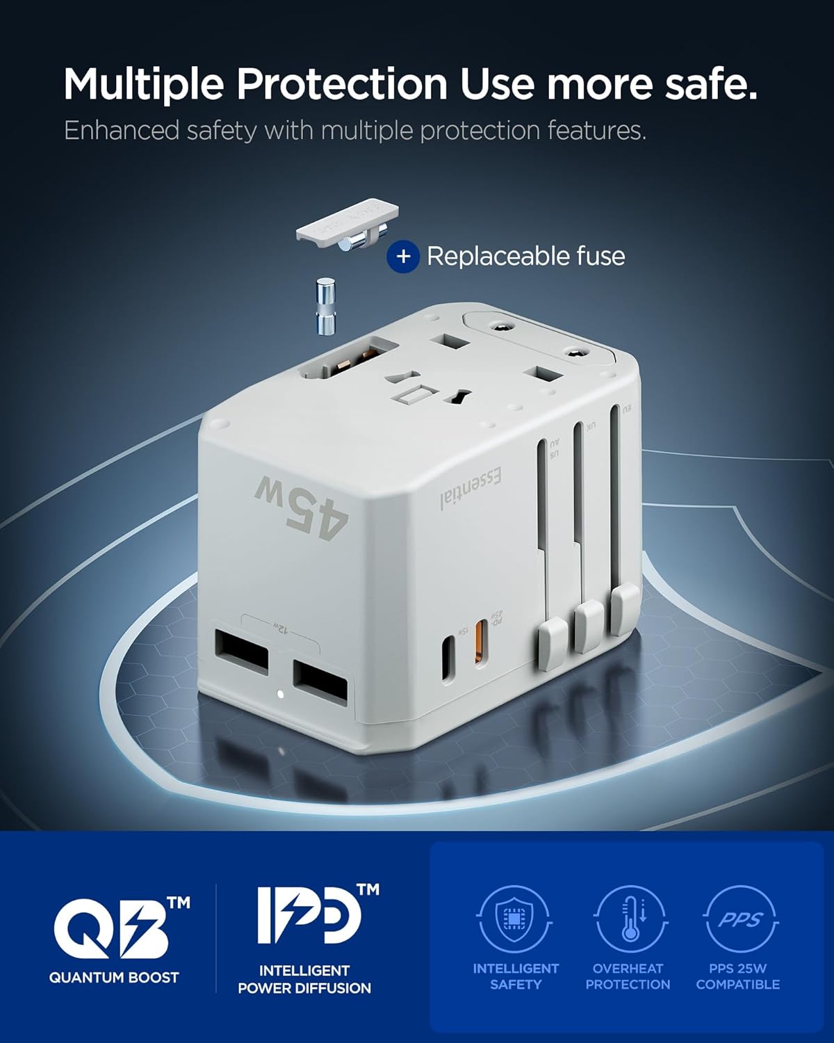 Spigen Universal Travel Adapter, 45W International AC Plug Adapter, International Travel Charger for EU UK AUS, Worldwide Travel Adapter, 2 USB-A & 2 USB-C Multiple Ports for Mobile, Dune Beige - Image 6