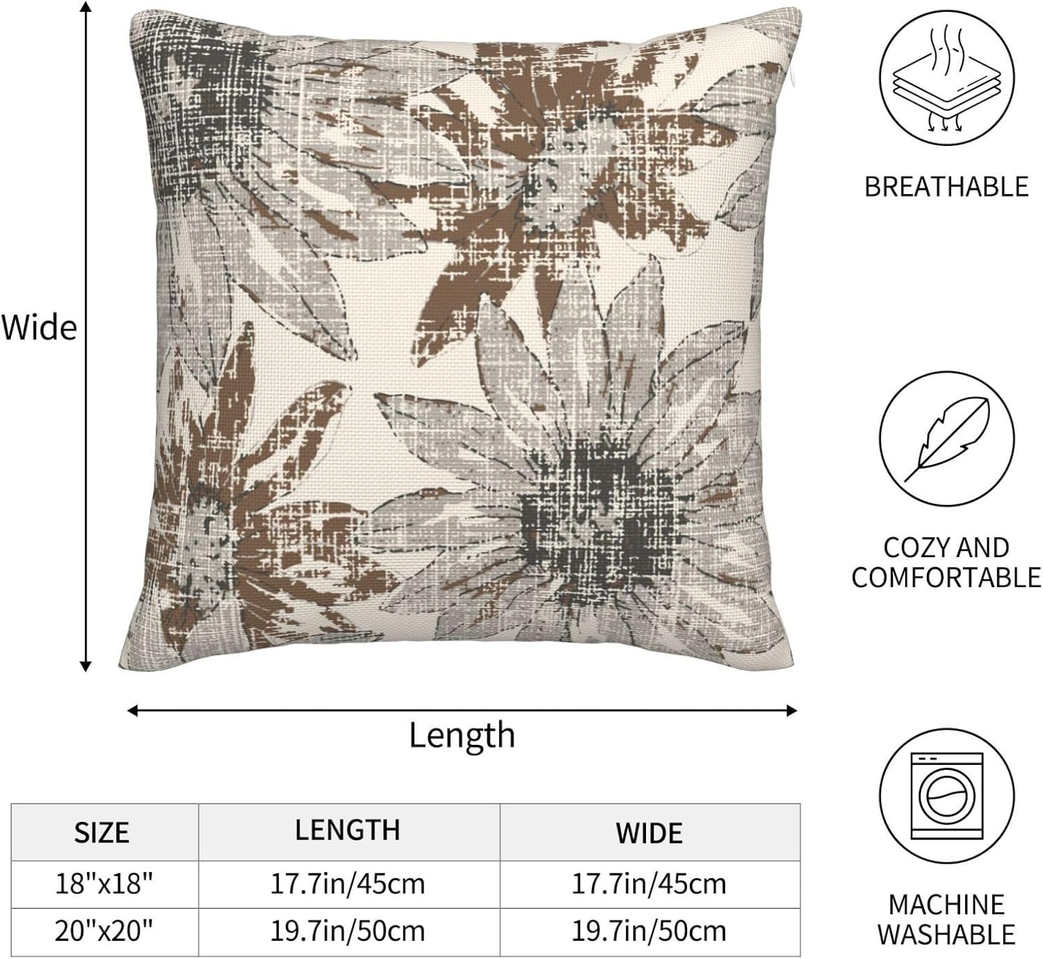 ZYNTIRAX Brown Grey Floral Throw Pillow Covers Retro Sunflower Flowers Pillow Cover 20x20 Inch Set of 2 Modern Art Floral Pattern Pillowcase Square Cushion Cases for Home Couch Sofa Bed - Image 4