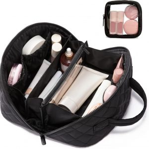 LOVEVOOK Travel Makeup Bag for Women, 2Pcs Puffer Waterproof Cosmetic Organizer, Large Capacity Pouch Open Flat Small Toiletry Bag with Brush Compartment & Handle (Black, Medium)