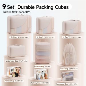 9 Set Packing Cubes for Travel, Gifts for Women Mom Kids, TSA Approved Bags for Makeup, Cosmetic, Toiletry, Organizer for Suitcase Carry On, Cruise Essentials Airplane Accessories, Beige