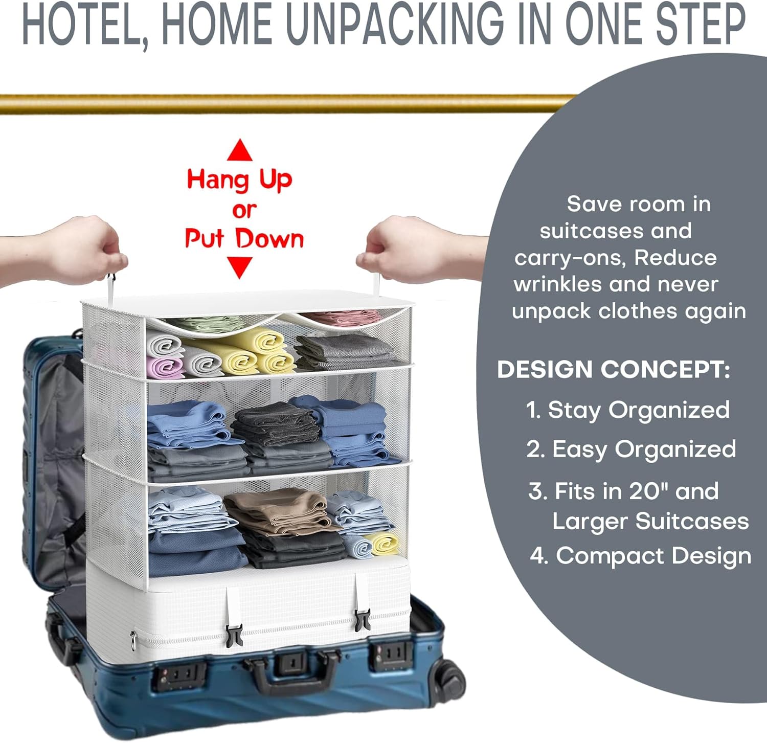 Compressible Packing Cubes Portable Hanging Closet Shelves 17"x12"x24" Extendable Travel Organizer Nylon Packing Bags for Suitcase - Image 6