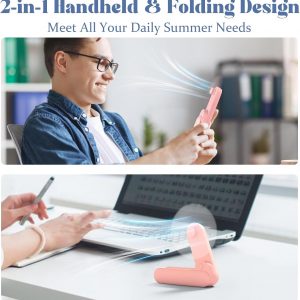 Lerat Portable Handheld Fan, 2 IN 1 Mini Hand Fan, Battery Operated [8-15 Working Hours], USB Rechargeable Personal Foldable Fan for Indoor, Small Pocket Fans Travel Essentials for Outdoor (Pink)