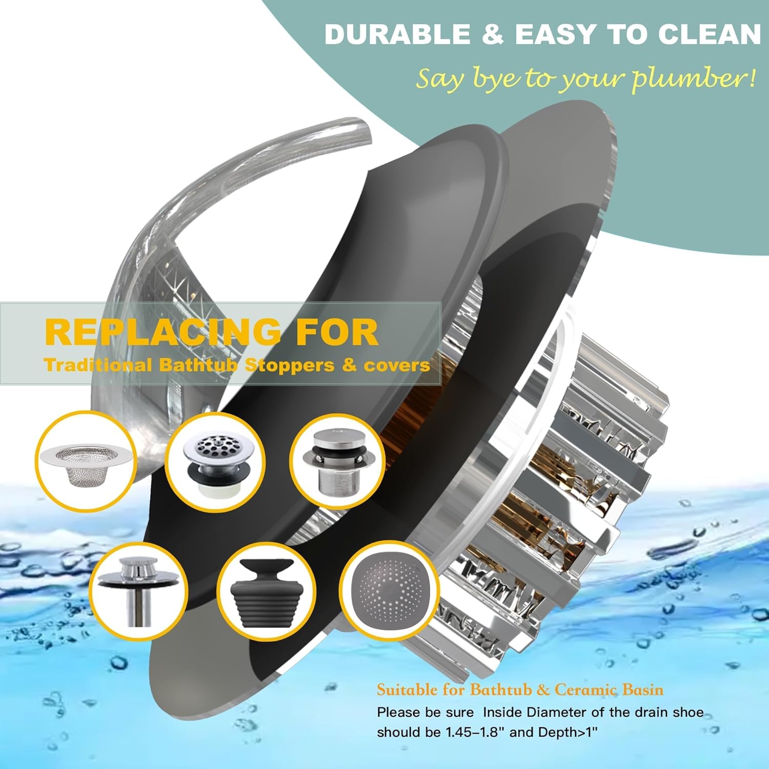 Bathtub Drain Stopper, Bath tub Drain Hair Catcher, Universal Bathtub Stopper, Bath tub Plug, Pop-up Tub Stopper with Effective Filter Basket, Anti-Clogging Sink Stopper & Tub Shroom (Chrome) - Image 5