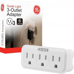 GE 3 Outlet Adapter Wall Tap with Guide Light, 3 Prong Outlet, Grounded Outlet, UL Listed, White, 14494