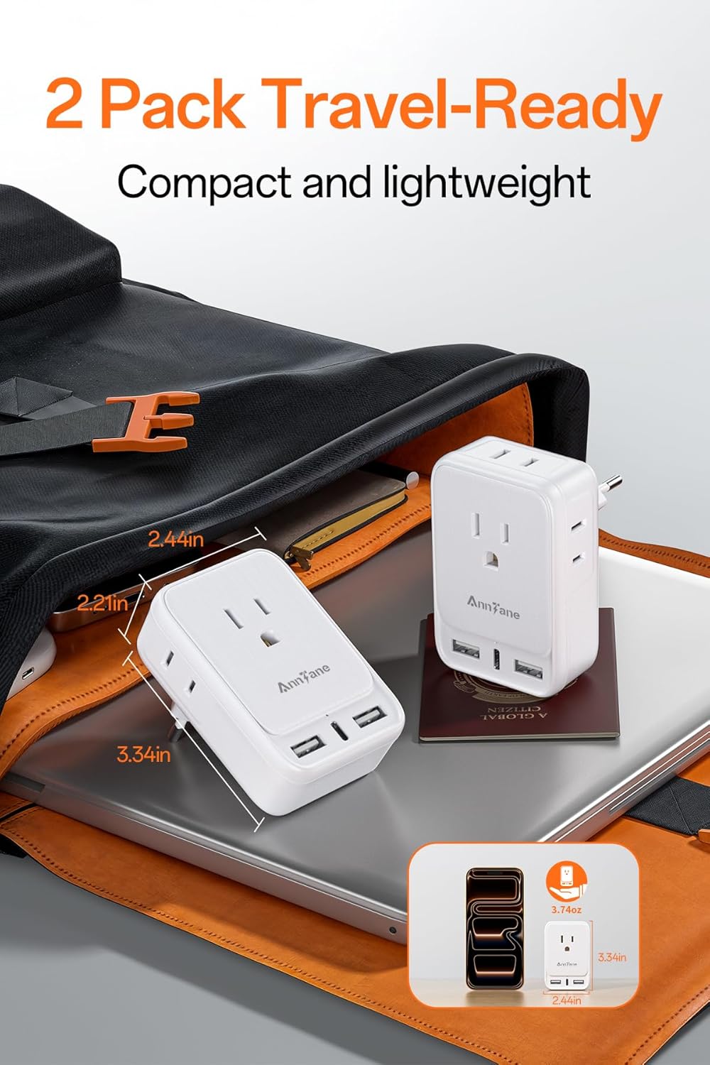 2 Pack European Travel Adapter, US to Europe Plug Adaptor with 4 Outlets 3 USB Charging Ports, Type C Power Adapter for USA to EU Euro Spain France Iceland Italy Germany Greece, White - Image 3