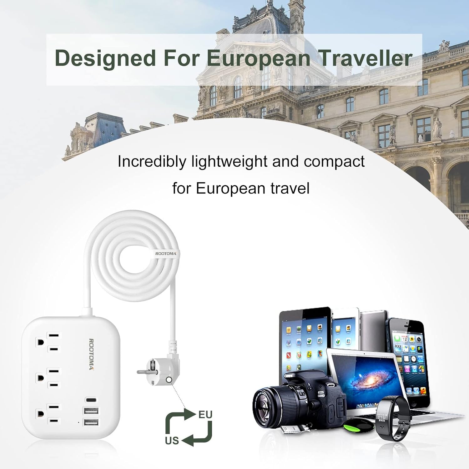 European Travel Plug Adapter, ROOTOMA 6ft International Power Strip 3 American Outlets, 3 USB Charger, US to Europe Plug Aadaptor, US to EU Power Adapter, for Spain France Germany Iceland, White - Image 3