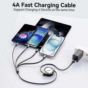 MINLU Multi Charging Cable 4A, 2Pack 4Ft Retractable Multi Fast Charger Cable, Multiple Charging Cord, 4 in 1 Multi USB Cable with Type C/Micro USB Ports for Cell Phones/IP/Galaxy/PS/Tablets/iPads