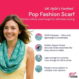 Pop Fashion Infinity Scarf for Women – Lightweight Travel Scarf with Hidden Zipper Pocket – Arrow Pattern