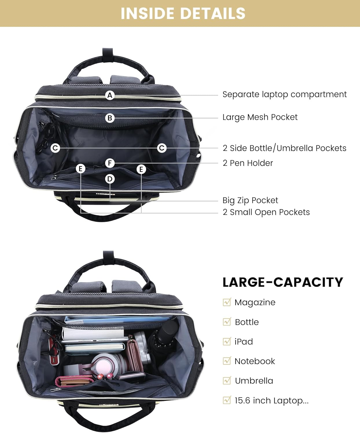 LOVEVOOK Laptop Backpack for Women, Travel with Compartment, Water Resistant Teacher Nurse Backpack, Anti-theft Back Pack Charger Work Doctor, 15.6-Inch, Black - Image 4