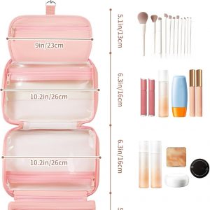 Toiletry Bag for Women & Men, Portable Hanging Makeup Bag/Cosmetic Bag with Compartments, Compact Travel Toiletry Bag Organizers (Pink)