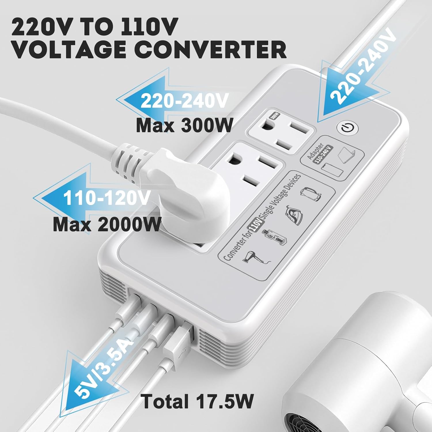 220V to 110V Voltage Converter, 2000W Adapter US to Europe International Travel, Mapambo Universal Voltage Converter with 4 USB Charger (2 USB C), 3 AC Sockets and EU/UK/AU/IT Plug Power Adaptor - Image 4