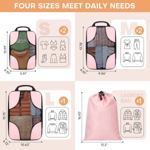 SDGFUI 6 Set Compression Packing Cubes for Travel Women, Compression Bags Organizer for Packing Luggage Space Saving, Suitcase Organizer Set for Travel Essentials – Pink