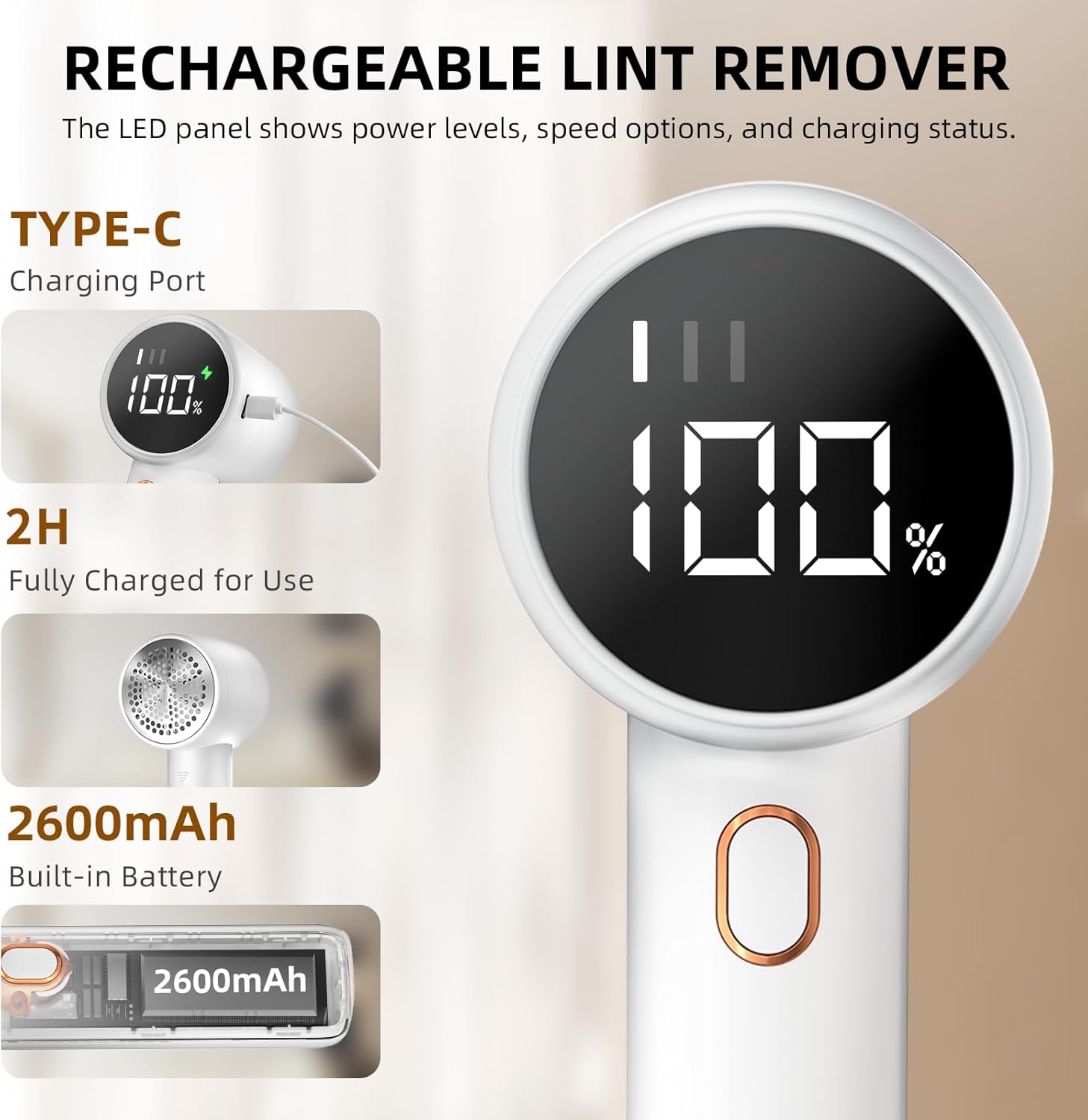 Fabric Shaver, Lint Remover Rechargeable, Electric Portable Sweater Defuzzer with 3 Speeds, 6 Leaf Blades, Digital LED Display to Remove Pilling for Clothes, Furniture, Sweater, Couch, Blanket - Image 3