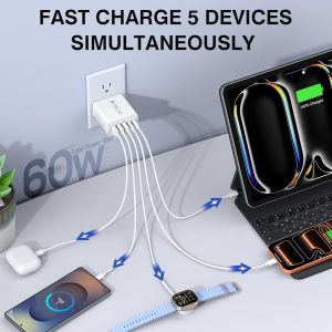 [2-Pack] USB C Wall Charger,60W 5-Port PD Fast USB C Charging Block,2USB C+3USB A Multiport Plug,Type C Power Adapter Brick Cube for iPhone 17/16/15/14/13/12/Pro Max/XS,iPad,for Switch,Samsung,Ultra 2