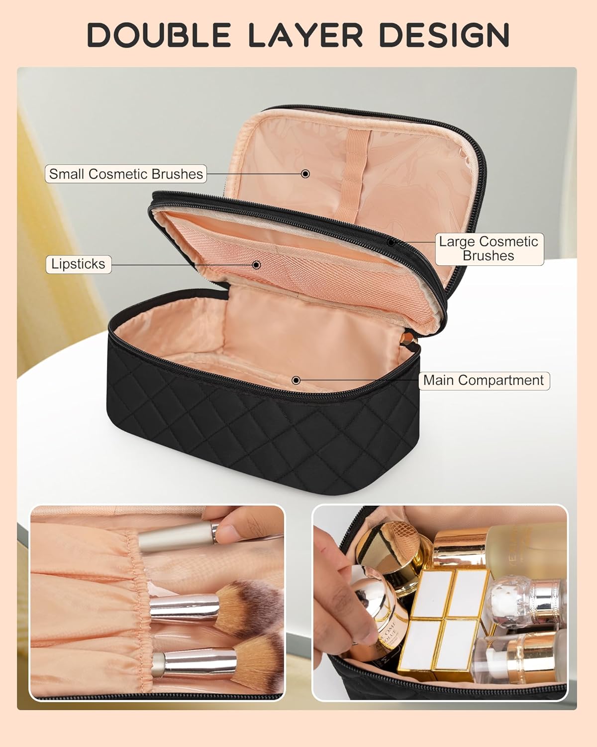 Relavel Makeup Bag, Small Makeup Bag for Women, Travel Cosmetic Bag, 2 Layers Waterproof Makeup Organizer Storage with Makeup Brush Holder, Black - Image 4