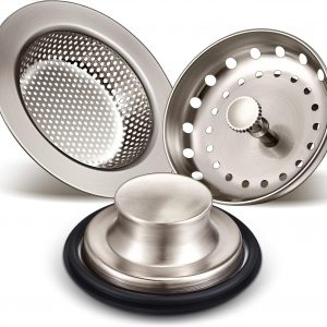 Mudder 3 Pcs Kitchen Sink Drain Strainer and Stopper Stainless Steel Garbage Disposal Plug with Handle Universal Anti-Clogging Kitchen Sink Filter Sieve Basket Strainer(Brushed Silver)
