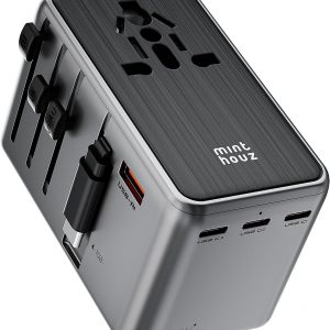 Minthouz Universal Travel Adapter, International 70W Power Adapter GaN Fast Charger with 3 USB-C PD, 1 USB-C Cable & A Ports, All-in-One Portable AC Power Plug Adapter for USA EU UK AUS
