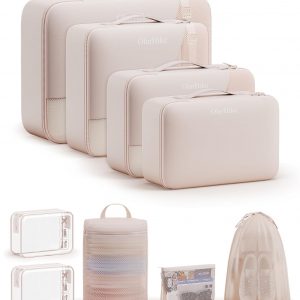 9 Set Packing Cubes for Travel, Gifts for Women Mom Kids, TSA Approved Bags for Makeup, Cosmetic, Toiletry, Organizer for Suitcase Carry On, Cruise Essentials Airplane Accessories, Beige