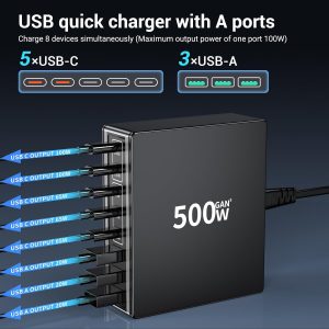 500W USB C Charger Block: 8-Port GaN Charging Station Hub – Dual 100W PD, 3x65W USB-C Fast Charge, Compact Adapter – Wall Plug Power Hub for MacBook Pro iPhone 16 iPad Dell XPS Galaxy Travel Office
