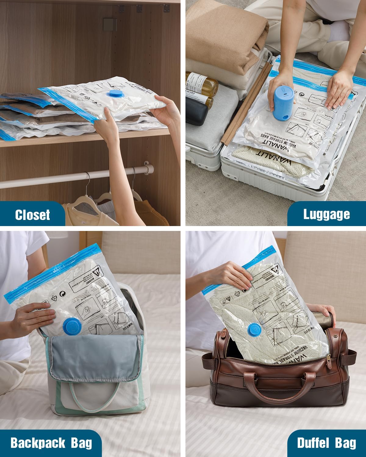 Vacuum Storage Bags for Travel, 8 Pack (4S+4XS) Vacuum Seal Bags with Wireless Rechargeable Electric Pump, Travel Essentials Space Saving Compression Bag for Clothes, Luggage, Suitcase, Backpack, Trip - Image 9
