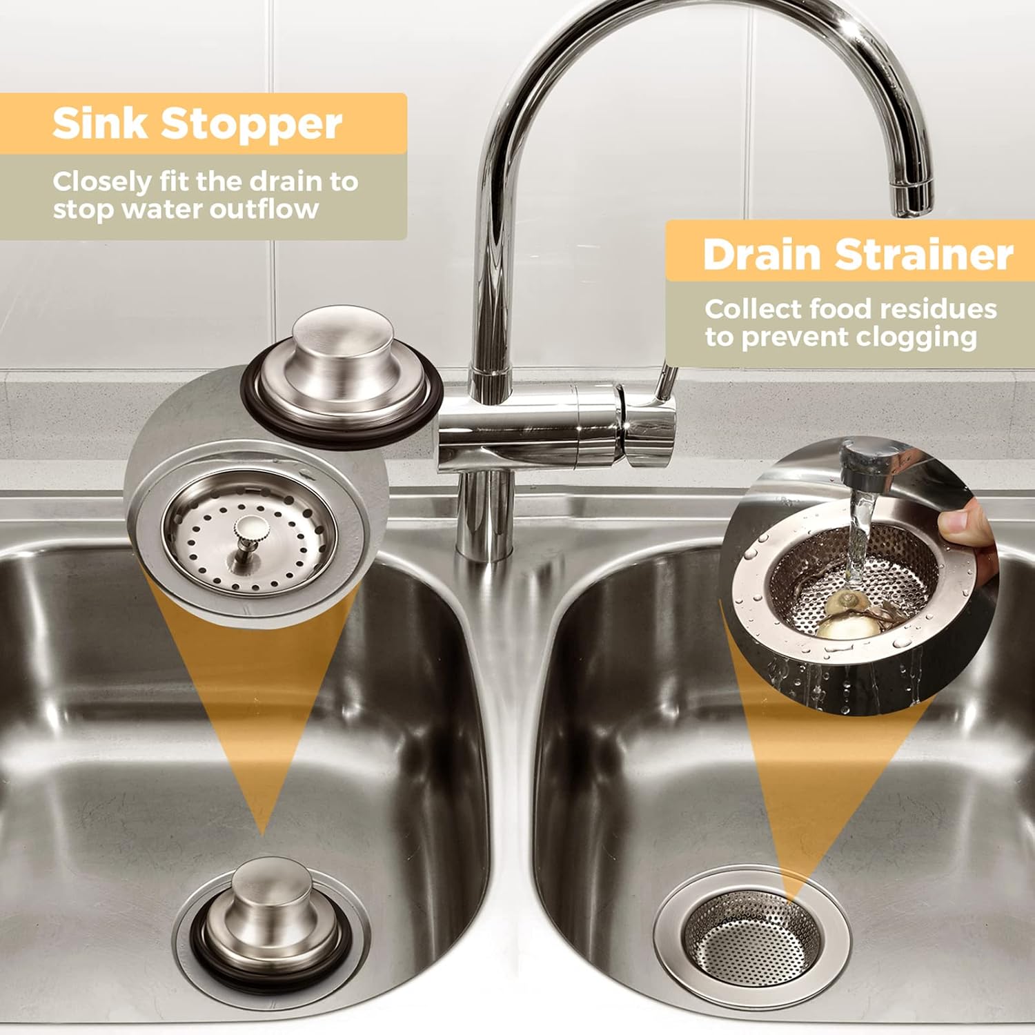Mudder 3 Pcs Kitchen Sink Drain Strainer and Stopper Stainless Steel Garbage Disposal Plug with Handle Universal Anti-Clogging Kitchen Sink Filter Sieve Basket Strainer(Brushed Silver) - Image 6