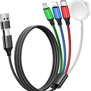 Renmou for Apple Watch Charger,4 in 2 Multi Charging Cable,Type C/Lightning/Micro USB Nylon Braided Travel Vacation Essentials Compatible with iWatch Ultra/SE/10-1,for iPhone 16-11,Galaxy Phones(5FT)