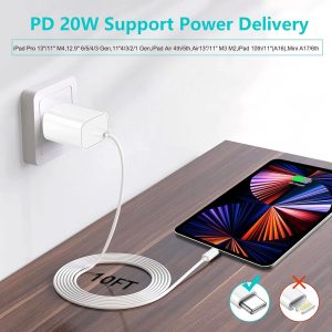 iPad Pro Charger,20W USB C Fast Charger with 10FT Long Fast Charging Cord for iPad Pro 12.9 5th/4th/3rd,11 inch 3rd/2nd,13 inch M4,iPAD Air 5th/4th Generation/13/11 M3 M2,iPad 10th/11th(A16),Mini A17