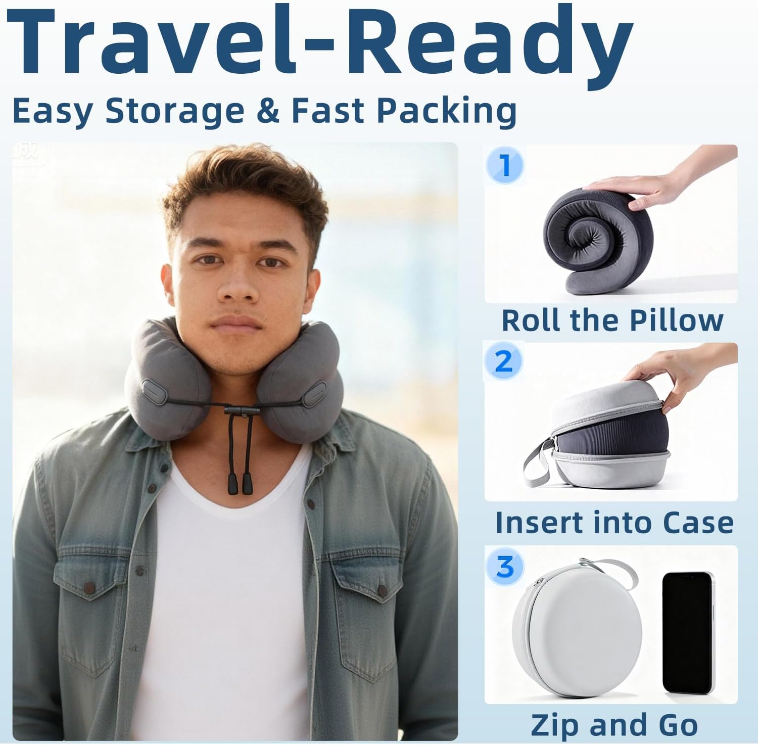 Ergonomic Travel Neck Pillow for Airplane, Memory Foam Support for Long Haul Flight Headrest, Soft Compact U Shaped for Adult Men Plane Sleeping, Portable Carry Box, Eyemask, Earplugs, Size L - Image 6