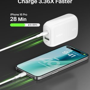 Belkin 42W Dual Port Charger Block, USB-C + USB-A Charger Super Fast Charging – Samsung Galaxy S25, Apple iPhone 17, Air, Pro, Pro Max, iPad, AirPods, Apple Watch, Nintendo Switch 2 & More – White