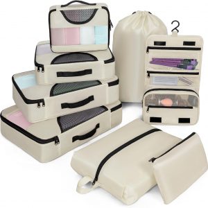 Packing Cubes 8 Set Suitcase Packing Cubes Breathable Mesh Travel Cubes Organizer for Packing Lightweight Vacation Travel Essentials Accessories (Beige)